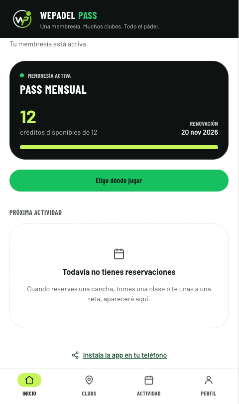 WePadel Pass con la membresía activa y los créditos disponibles