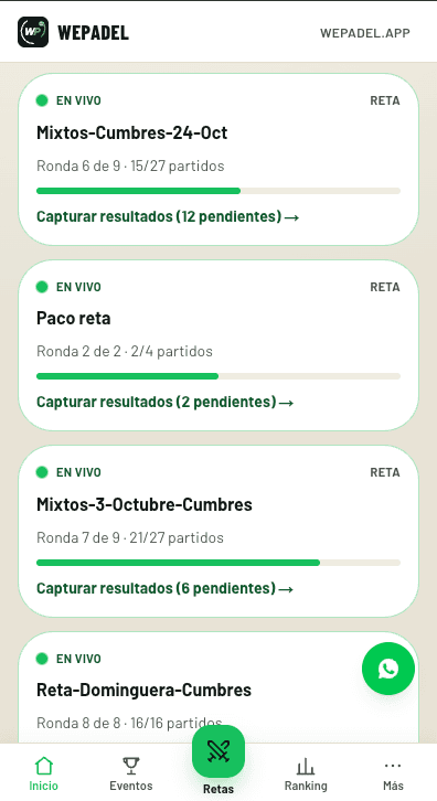 Retas en vivo en WePadel, con sus rondas y los resultados por capturar