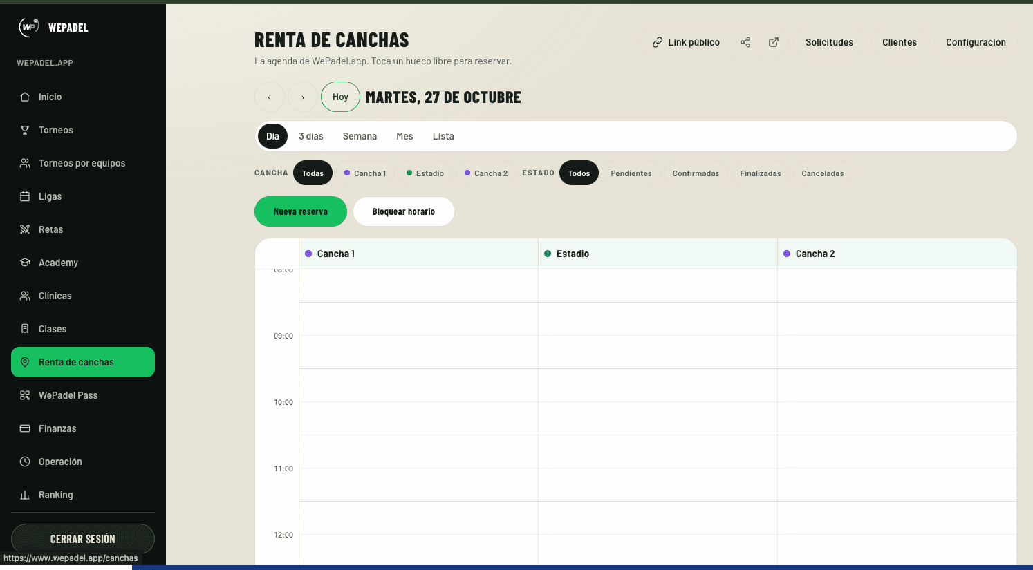 Agenda de renta de canchas en WePadel, con las canchas en columnas y los horarios del día