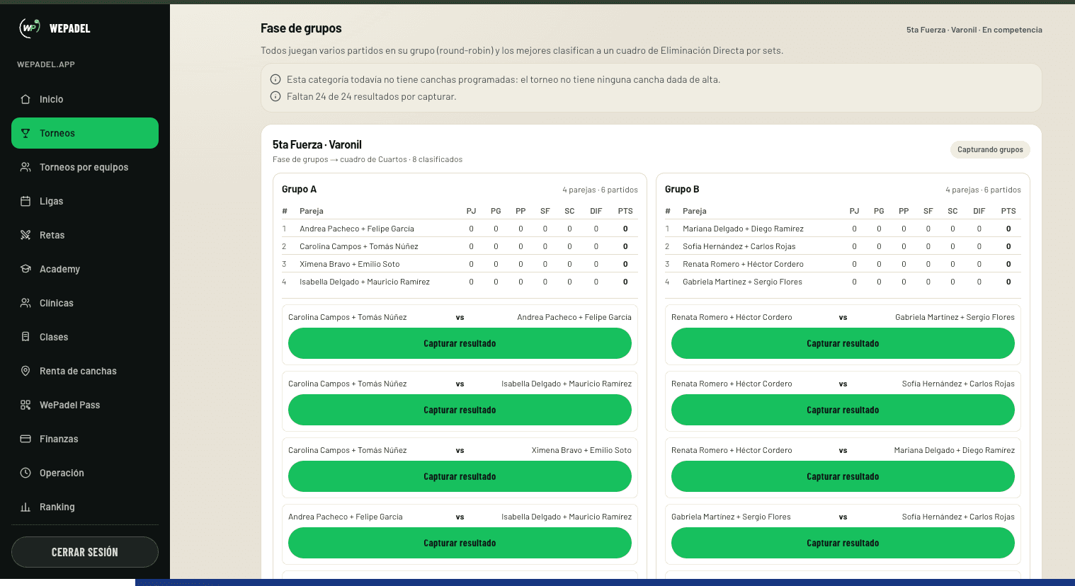 Fase de grupos de un torneo con las tablas de cada grupo y los partidos por capturar