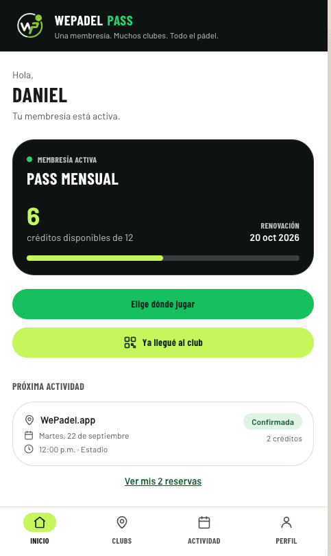 WePadel Pass con la membresía activa y los créditos disponibles