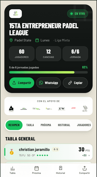 Página pública de una liga con sus patrocinadores y la tabla general