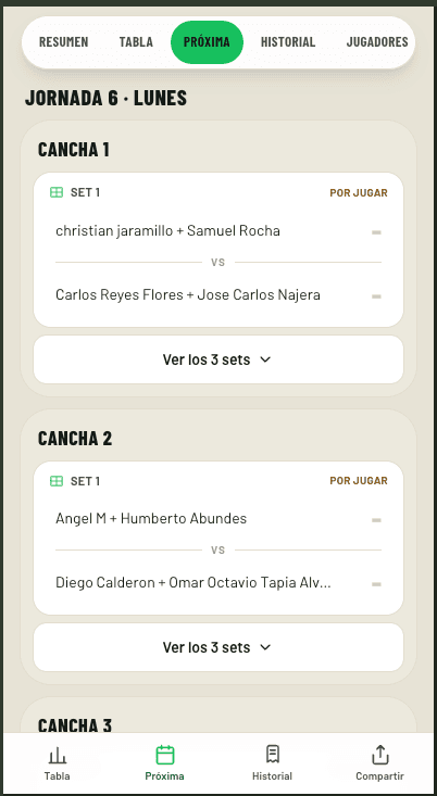 Próxima jornada de una liga, con los partidos por jugar en cada cancha
